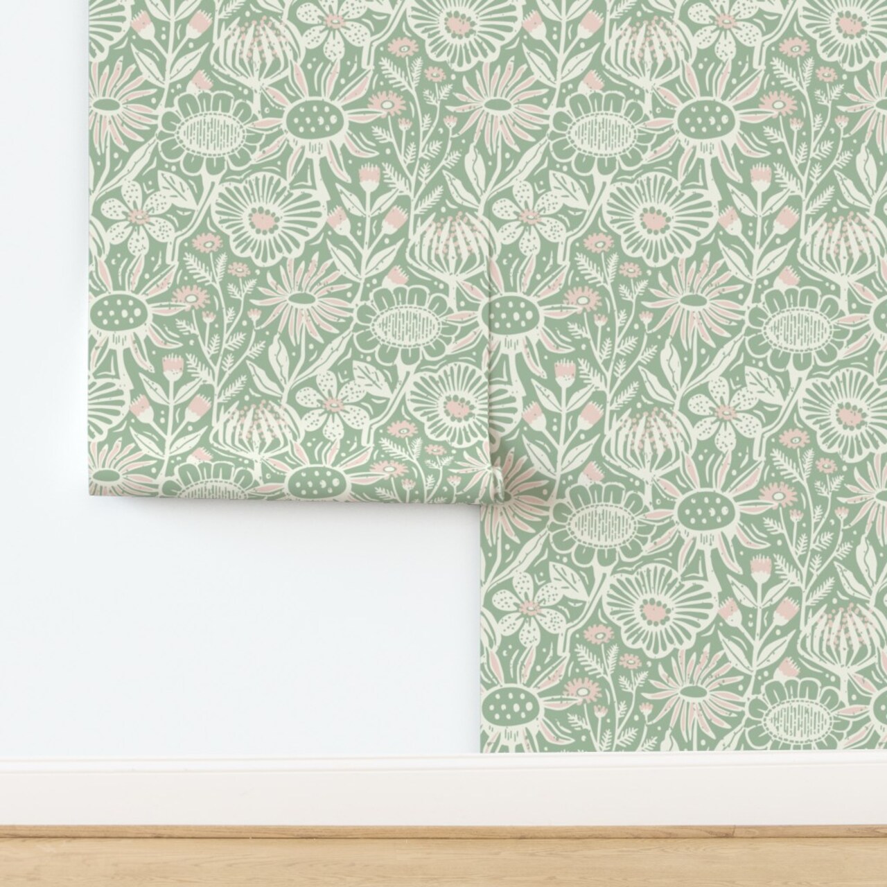 Green Floral Pink Botanical Summer Scandinavian Block Print Farmhouse Cottagecore Wildflowers Custom Pre-pasted Wallpaper by Spoonflower Pre-Pasted Wallpaper 2FT Wide